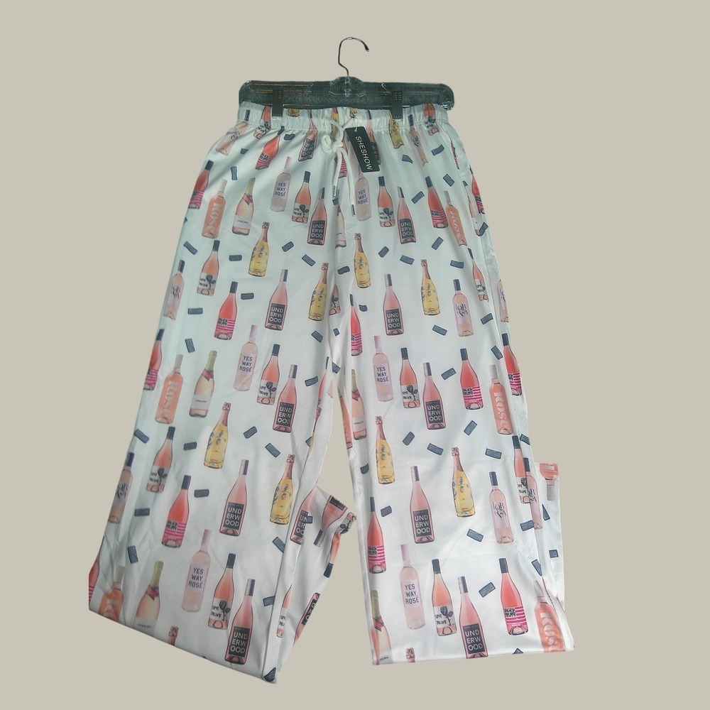 Sheshow Women's Wine Bottle Print Pajama Pants White Pink Size Small NWT